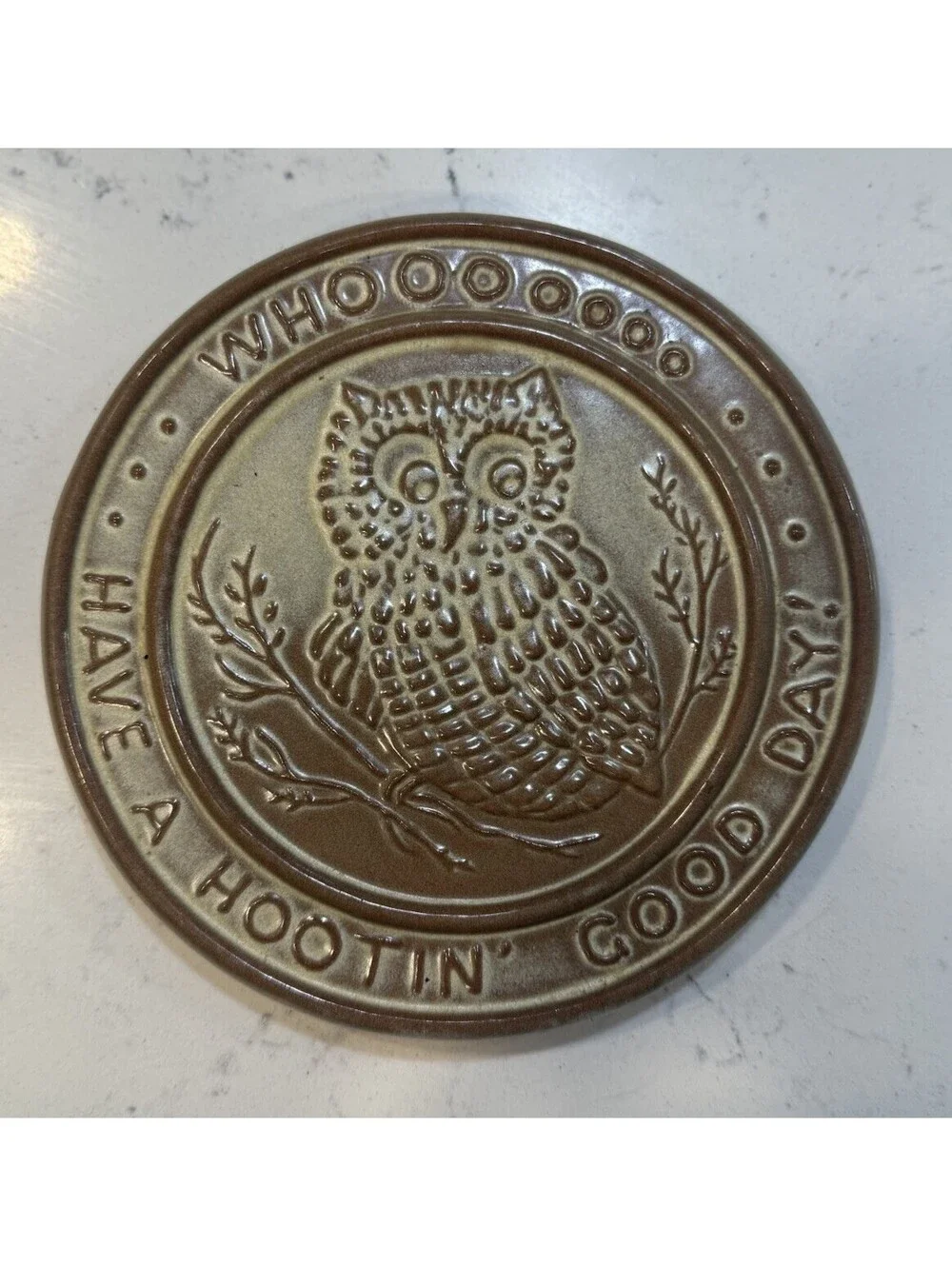 Frankoma Round Owl Trivet Whooo Have a Hootin Good Day 6